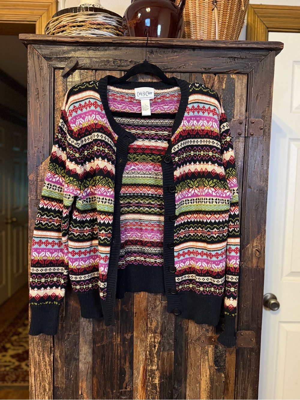 Vintage Carly St Claire Fair Isle Cardigan Sweater L Nordic Multicolor 90s